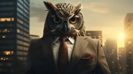 Poster A sharp-dressed man stands under the open sky, his attire matching the regal owl perched on his shoulder, embodying both the freedom of the outdoors and the elegance of his clothing © Envision