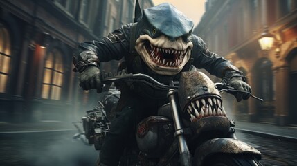 A daring hero, clad in armour and donning a helmet, fearlessly cruises through the ocean depths atop his trusty motorcycle, a fierce shark by his side - obrazy, fototapety, plakaty