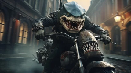 Fotobehang A daring hero, clad in armour and donning a helmet, fearlessly cruises through the ocean depths atop his trusty motorcycle, a fierce shark by his side © Envision