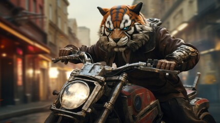 Fototapeta na wymiar Roaring through the city streets, a wild rider clad in a tiger's fierce visage tears past towering buildings on their powerful motorcycle, embodying the untamed spirit of the open road