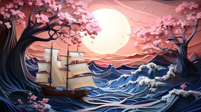 A vibrant anime-inspired painting captures the beauty of a sailboat adorned with colorful flowers, sailing fearlessly through the vast ocean