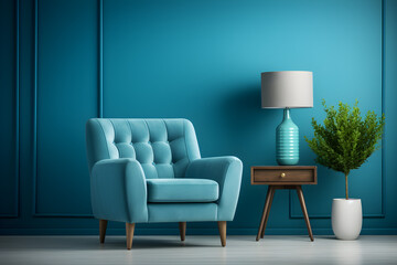 Elegant interior design featuring a blue armchair against a blue wall in the living room,