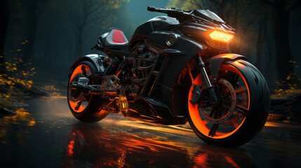 A fierce black motorbike, its orange lights blazing in the night, parked on the open road, its tires gripping the ground with powerful suspension, ready to roar into the wild unknown