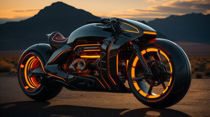 Fototapeta na wymiar Amidst a fiery sunset, a sleek black and orange motorbike rests on the rugged mountain road, its tire eagerly awaiting the thrill of the open sky and the freedom of the winding ground