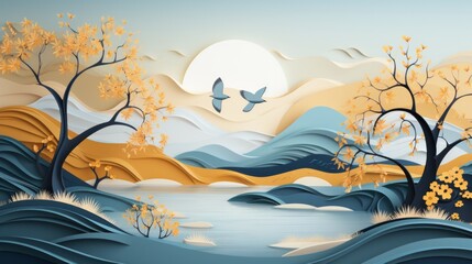 An ethereal anime-inspired painting captures the beauty of a moonlit landscape, where birds soar over tranquil waters and a lone tree stands as a symbol of nature's ever-changing art