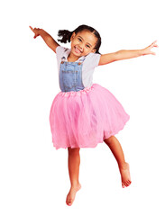 Portrait, girl and jump in tutu skirt, excited and princess isolated on a transparent background....