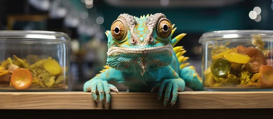 Gordijnen Chameleon displayed in pet store enclosure © 2rogan