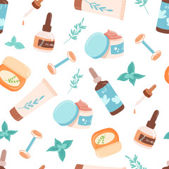 Seamless pattern with skin care products flat cartoon illustrations, body lotion, face toner and cream. Vector cosmetic objects in tube with leaves on white background