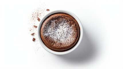 Top view fresh Chocolate Souffle with clear white background and spotlight for product presentation. Created using generative AI.