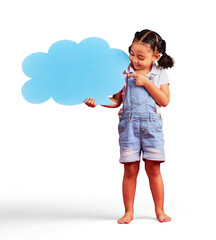 Girl kid, pointing at speech bubble with opinion and voice isolated on png transparent background. News dialogue, social media announcement and young female child, mockup with comment or feedback