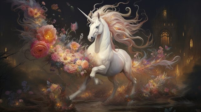 Realistic magical, mythical winged pegasus unicorn horse fantasy background. AI generated image