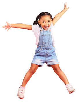 Excited, celebration and kid jump in portrait isolated on a transparent png background. Youth, smile and African girl child with freedom, energy and happy, funny laugh and having fun, dance and play.