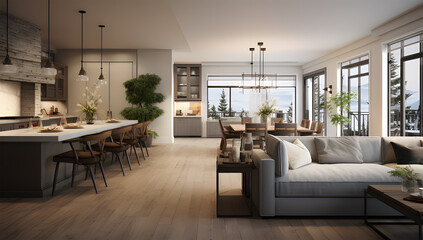 3d rendering of interior living space with wood floors and grey wood ai generative