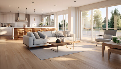 3d rendering of interior living space with wood floors and grey wood ai generative - obrazy, fototapety, plakaty