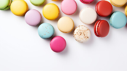Fototapeta na wymiar Top view colorful fresh Macaron with clear white background and spotlight for product presentation. Created using generative AI.