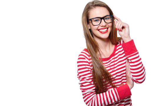 Fashion, glasses and Happy with portrait of woman on png for nerd, education and youth. Smile, smart and style with face of student isolated on transparent background for confidence and hipster