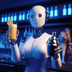 3D rendered image of a robot bartender with a large head and a small body. The robot is blue in color with a white head and red eyes
