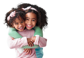 Girls, sibling and hug with happiness in portrait or png with isolated and transparent background....