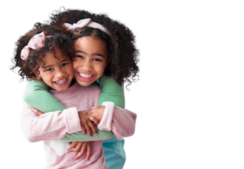 Girls, sibling and hug with happiness in portrait or png with isolated and transparent background. Love, kid and together with embrace or care and smile for trust or bonding to play with friends.
