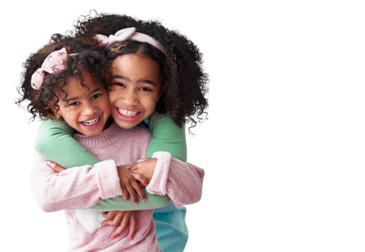 Girls, sibling and hug with happiness in portrait or png with isolated and transparent background. Love, kid and together with embrace or care and smile for trust or bonding to play with friends.