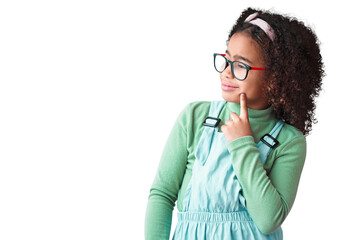 Girl, thinking and kid with idea or glasses in png or transparent and isolated background. Thoughtful, child and youth or nerd with plan for solving problem with knowledge or geek with vision. - obrazy, fototapety, plakaty