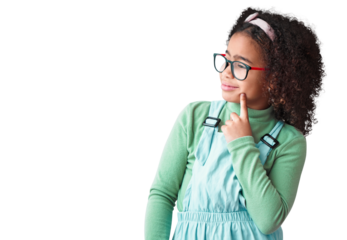 Girl, thinking and kid with idea or glasses in png or transparent and isolated background. Thoughtful, child and youth or nerd with plan for solving problem with knowledge or geek with vision.