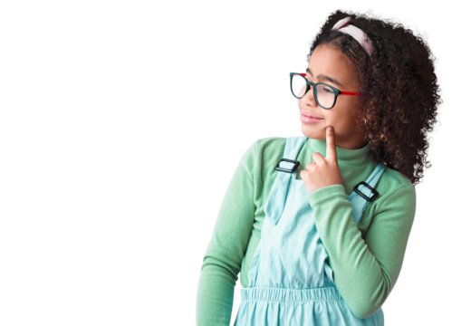 Girl, thinking and kid with idea or glasses in png or transparent and isolated background. Thoughtful, child and youth or nerd with plan for solving problem with knowledge or geek with vision.