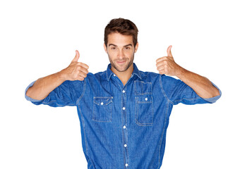 Fashion, denim and thumbs up with a hipster man isolated on a transparent background to like or say yes. Motivation, support and thank you emoji with a handsome young male model standing on PNG