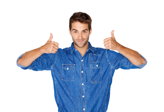 Fashion, denim and thumbs up with a hipster man isolated on a transparent background to like or say yes. Motivation, support and thank you emoji with a handsome young male model standing on PNG