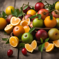Frutas manzanas verdes y rojas junto con naranjas y varias cerezas en un montón sobre una mesa de madera y algunas naranjas están cortadas en trozos 