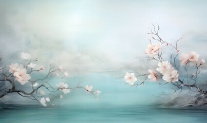 background with water color painting of pink and white flowers in bloom