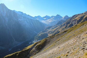 Panoramic view on the valley around Mount Elbrus, Russia. Autumn season