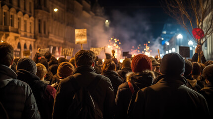 crowd on the demonstration at night - obrazy, fototapety, plakaty