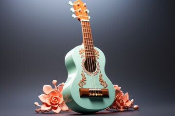 Pastel aqua ukulele with a pastel coral rosette, representing the beauty of coastal life and music, Generative AI