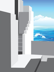 illustrator building structure design Sea side balcony with sea wave cloud sky