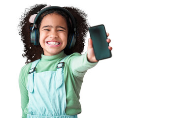 Excited, phone screen and mockup, girl and headphones, listen to music and ads for app isolated on...