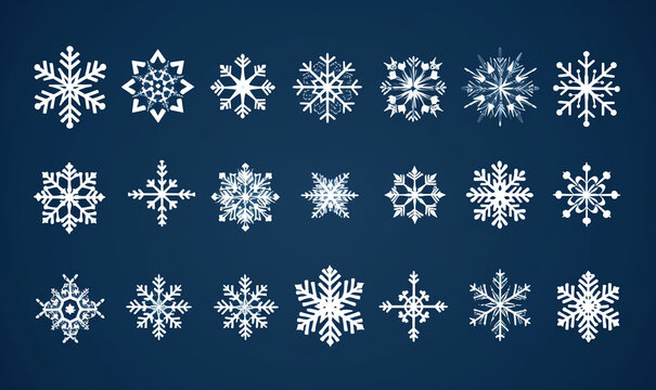 Set of cartoon snowflakes for greeting card or stickers. Beautiful set blue snowflakes. New year design elements, frozen symbol. Snowflakes, Christmas snow, blizzard. Digital illustration.