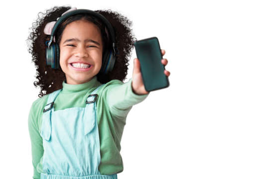 Excited, phone screen and mockup, girl and headphones, listen to music and ads for app isolated on transparent png background. Happy, smartphone and space for audio streaming marketing with young kid