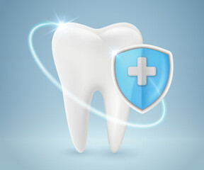 Tooth with medical shield Dental hygiene concepts, anti-caries protection. Realistic 3D vector illustration file.