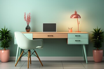Minimalist pastel beige office desk with a pastel turquoise chair, symbolizing simplicity and comfort in the workspace, Generative AI