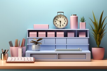 Pastel blue office desk with a pastel beige desk organizer, promoting a clean and organized workspace, Generative AI