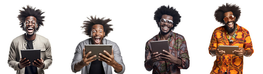 Set of Portrait of young man attractive cheerful amazed using tablet computer, isolated on white background, png - obrazy, fototapety, plakaty