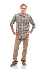 Fashion, happy and portrait of a man calm standing with style isolated in a transparent or png background. Aesthetic, clothes and smile of attractive male person in a vintage shirt or casual clothes