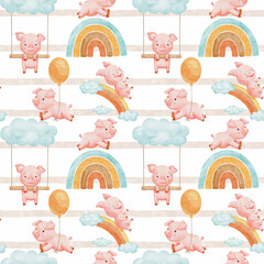 Seamless pattern with cute watercolor piglet character jumping rainbow on striped background. Funny farm animal pig for textiles or fabric for newborns.