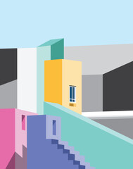 illustrator yellow pink purple and green building constructor with stair and sky