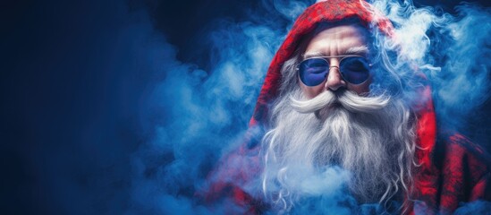 Christmas party with Santa Claus in a smoke of blue and red