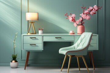 Pastel gray office desk with a pastel turquoise chair, offering a minimalist and serene workspace, Generative AI