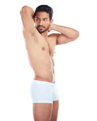 Thinking, underwear and man with fitness, body and png with exercise isolated against a transparent...