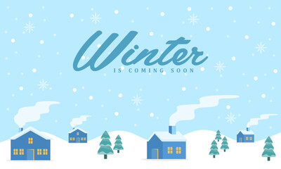 Fototapeta na wymiar Cute winter landscape. Winter banner. Lovely houses in a snowy valley. Horizontal landscape. Winter Cabin Illustration