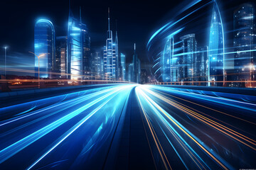 A 3D rendering shows warp speed in a hyper loop, with blurred lights from buildings in a mega city at night, This represents the concept of next generation technology, including fintech, big data, 5G
